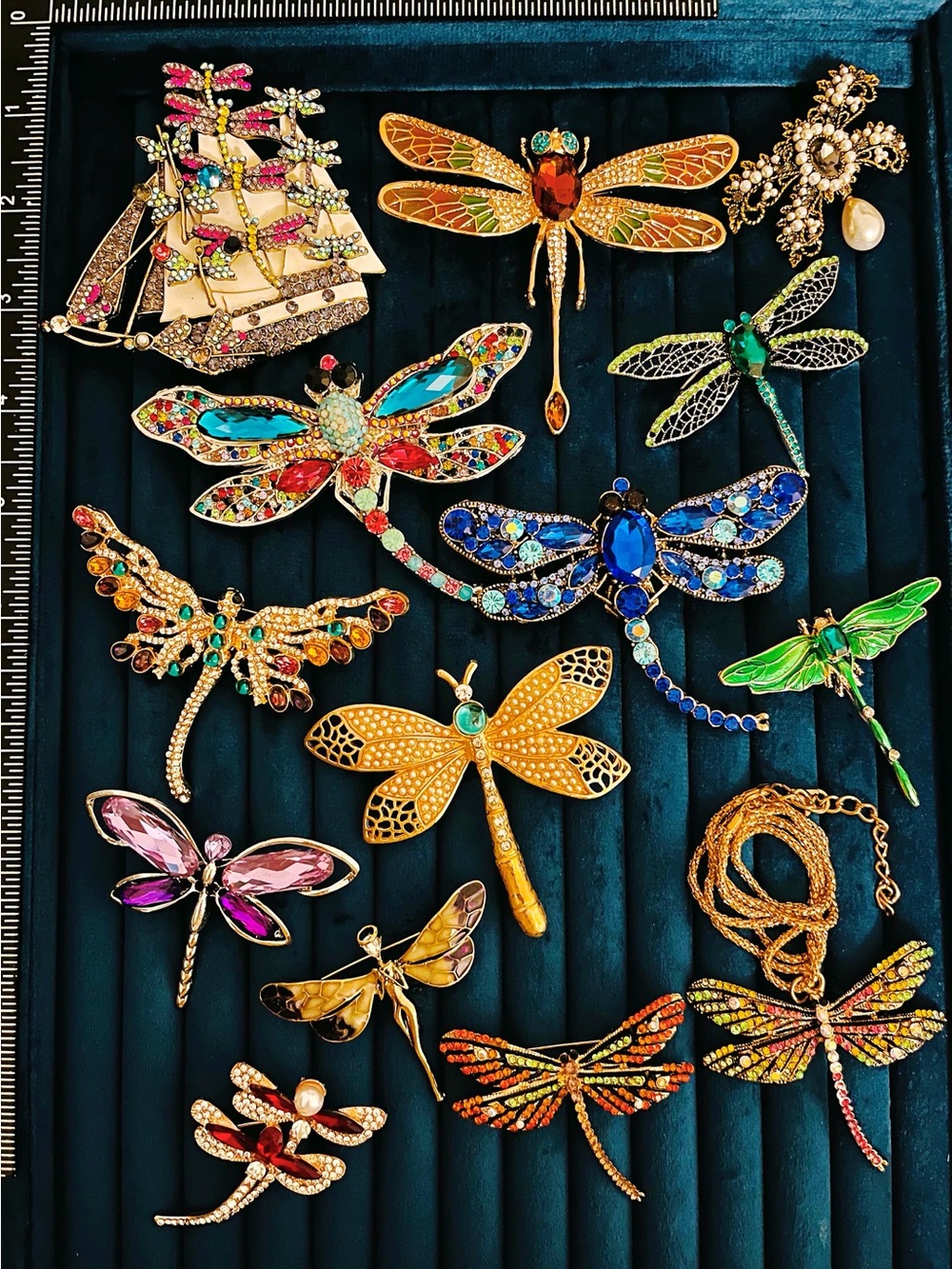 14Pcs Dragonfly Brooch Pins Lot Rhinestone Enamel Crystal Insect + Necklace